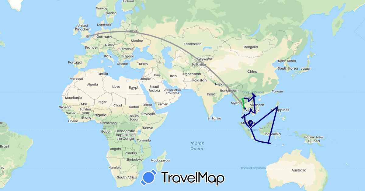 TravelMap itinerary: driving, bus, plane in United Kingdom, Indonesia, Cambodia, Laos, Malaysia, Philippines, Singapore, Thailand, Vietnam (Asia, Europe)